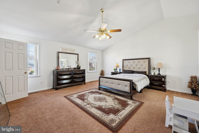 carpeted bedroom featuring a ceiling fan, lofted ceiling, visible vents, and baseboards