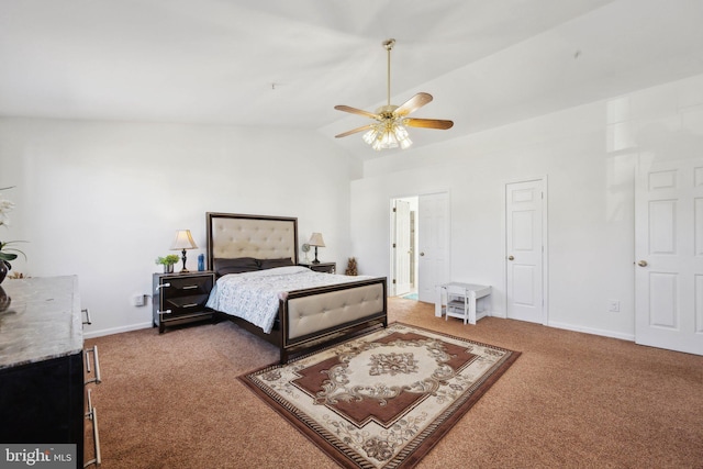 carpeted bedroom featuring a ceiling fan, lofted ceiling, and baseboards