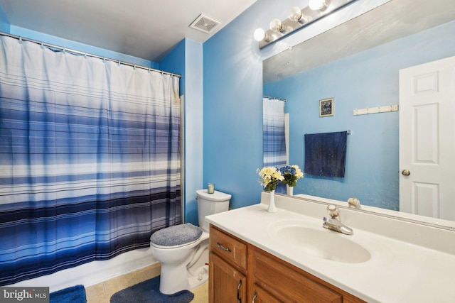 bathroom featuring visible vents, toilet, tile patterned floors, curtained shower, and vanity