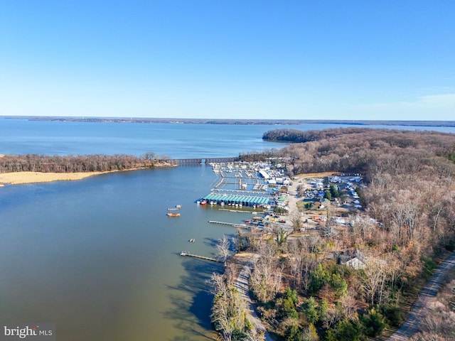 drone / aerial view with a water view