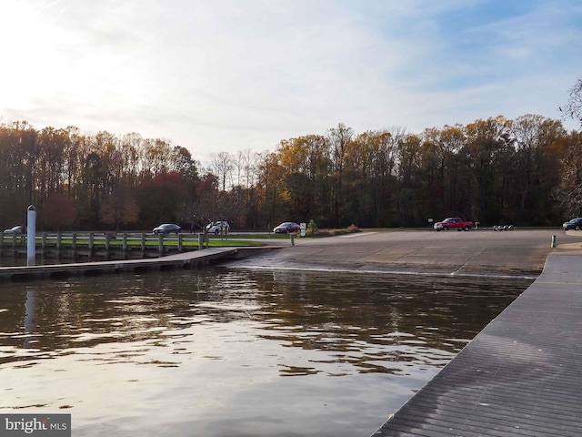 exterior space with a water view and a wooded view