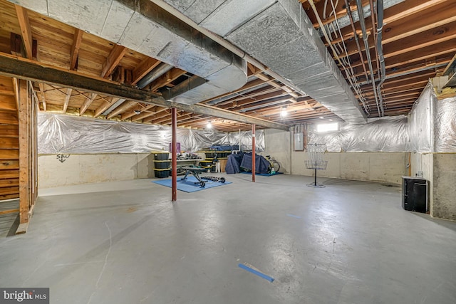 unfinished basement featuring electric panel