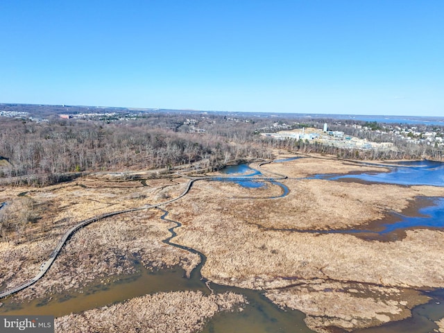 drone / aerial view with a wooded view and a water view