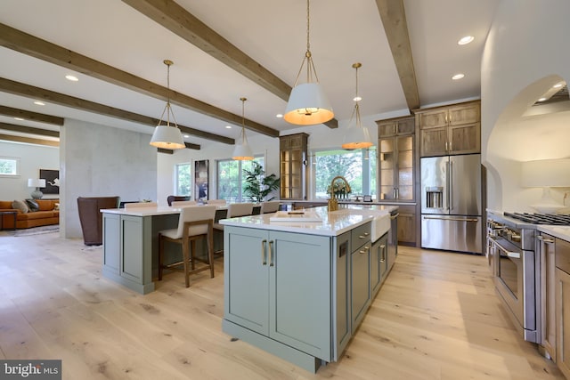 kitchen with premium appliances, plenty of natural light, a kitchen island, and light wood-style flooring