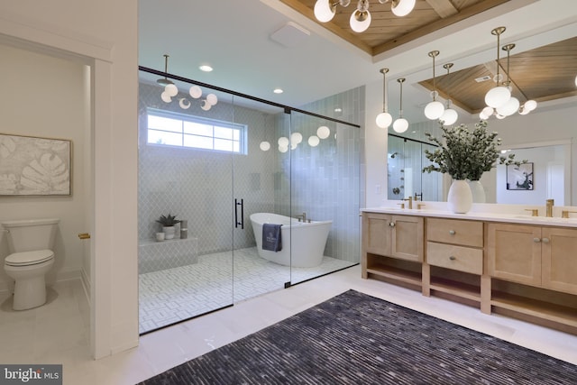 full bathroom featuring double vanity, a sink, a shower stall, tile patterned flooring, and wooden ceiling