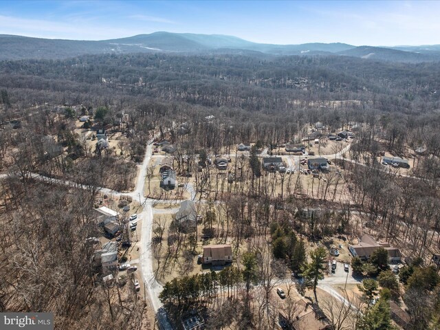 birds eye view of property featuring a forest view and a mountain view