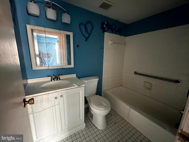 bathroom with toilet, vanity, visible vents, tub / shower combination, and tile patterned floors