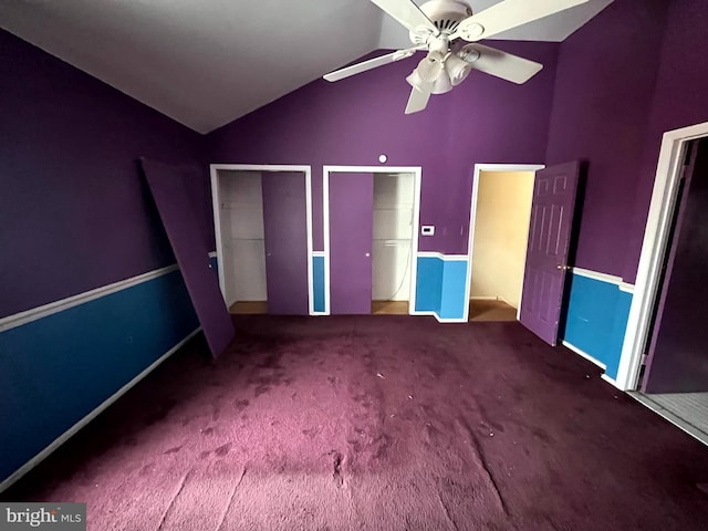 unfurnished bedroom with vaulted ceiling, carpet floors, and ceiling fan