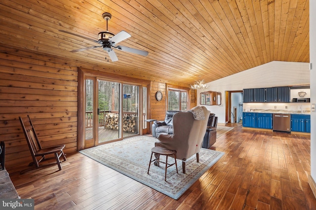 living area with lofted ceiling, dark wood-style flooring, wooden ceiling, and wooden walls