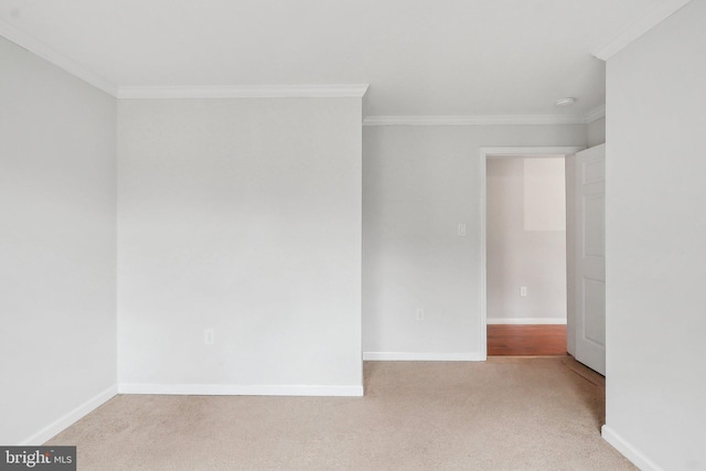 carpeted spare room with crown molding and baseboards