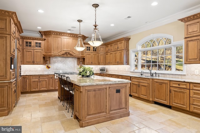 1221 Mottrom Dr, Mclean, VA 22101 - kitchen featuring brown cabinets, decorative backsplash, and ornamental molding