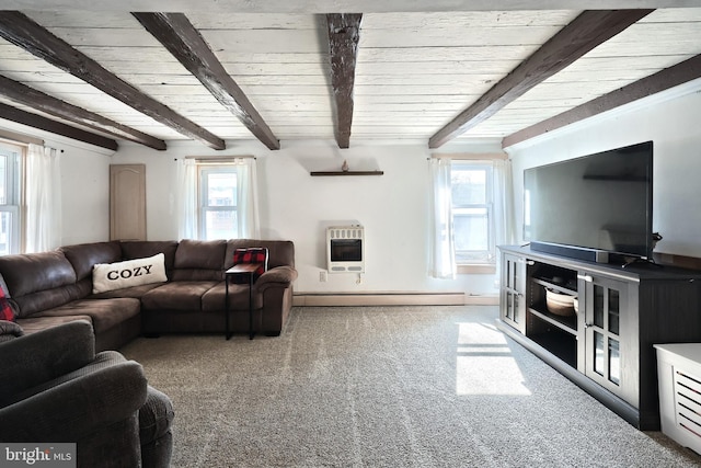 living area featuring carpet floors, wood ceiling, baseboard heating, beam ceiling, and heating unit