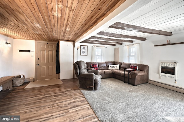 living room featuring a baseboard radiator, wooden ceiling, wood finished floors, beam ceiling, and heating unit