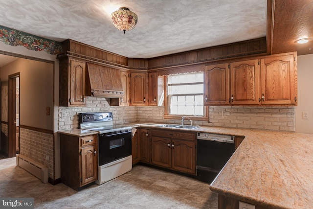 kitchen with dishwasher, premium range hood, a baseboard heating unit, a sink, and range with electric stovetop