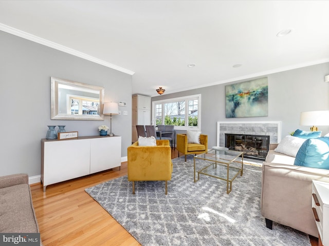 living room with crown molding, wood finished floors, baseboards, and a premium fireplace