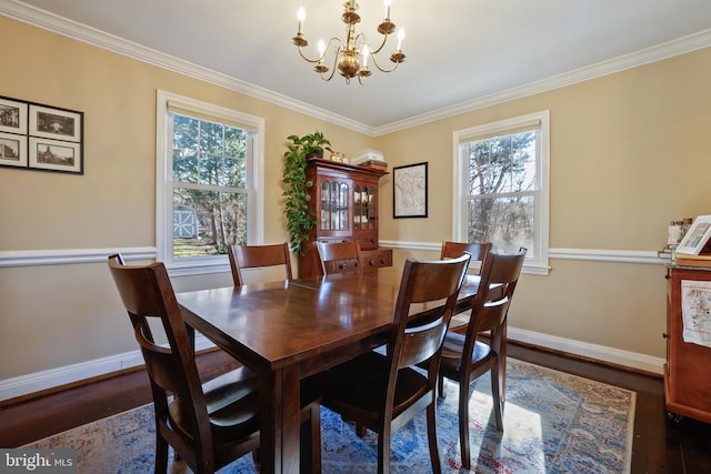 dining room featuring a notable chandelier, plenty of natural light, and wood finished floors