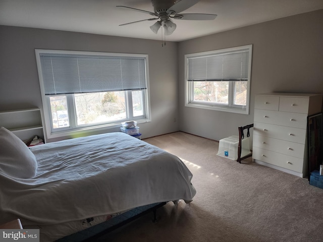 carpeted bedroom with a ceiling fan and multiple windows