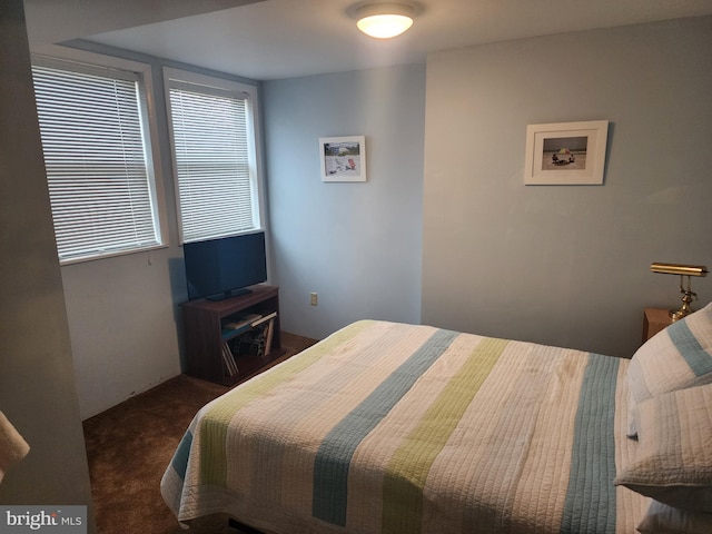 bedroom with dark carpet