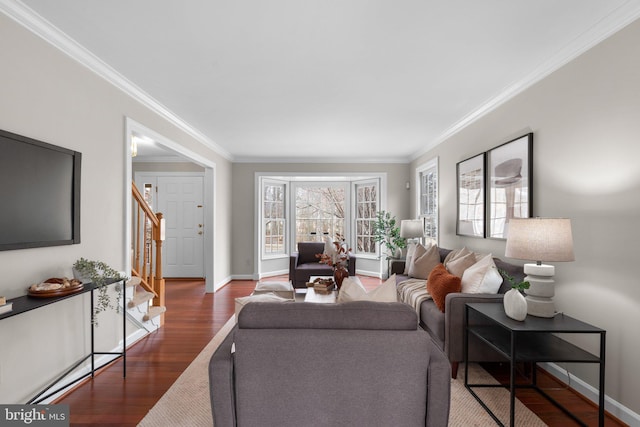 living room with stairway, baseboards, wood finished floors, and ornamental molding