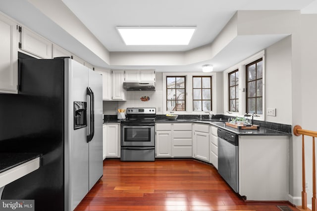 kitchen with dark countertops, tasteful backsplash, under cabinet range hood, dark wood finished floors, and stainless steel appliances