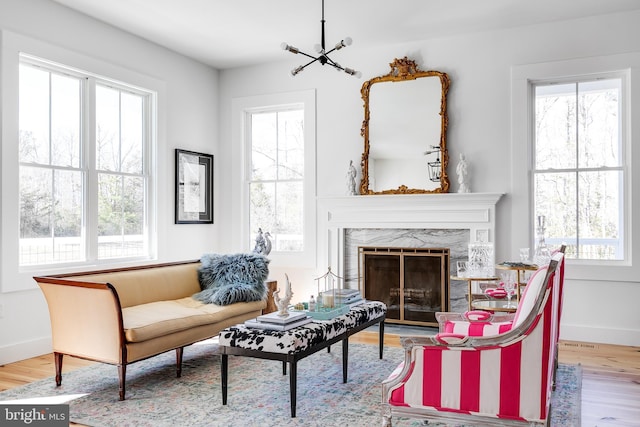 living area featuring baseboards, a premium fireplace, wood finished floors, and a healthy amount of sunlight