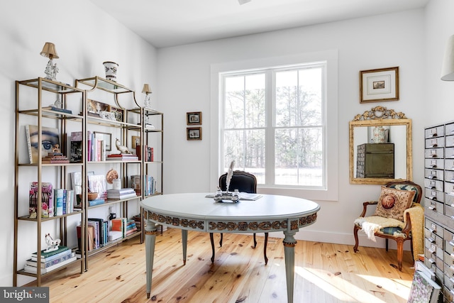 sitting room with a healthy amount of sunlight, baseboards, and wood finished floors