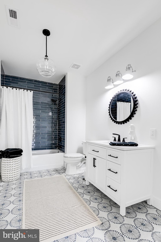 bathroom with shower / bath combination, visible vents, toilet, and vanity