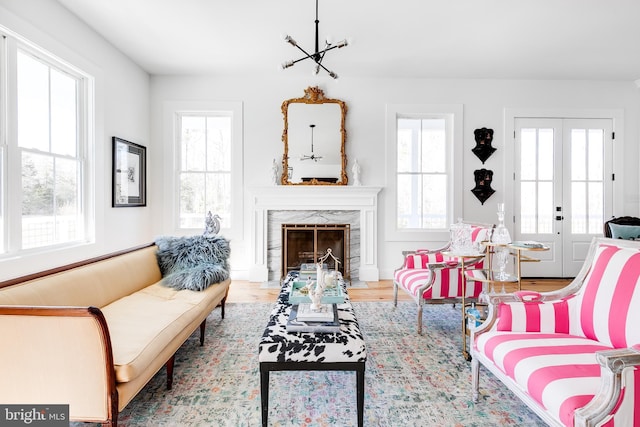 living area with french doors, a premium fireplace, wood finished floors, and a healthy amount of sunlight