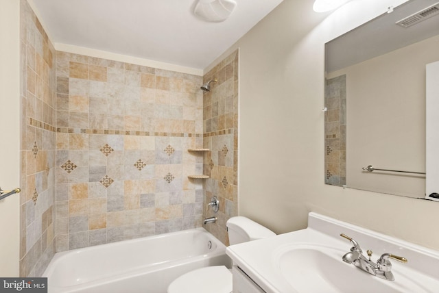 full bath featuring toilet, washtub / shower combination, visible vents, and vanity