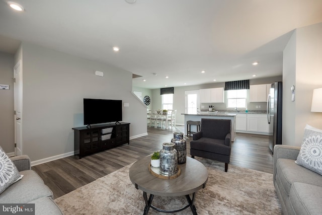 living room featuring baseboards, wood finished floors, and recessed lighting