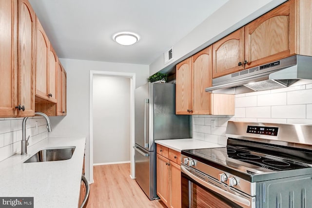 kitchen with visible vents, under cabinet range hood, tasteful backsplash, a sink, and appliances with stainless steel finishes