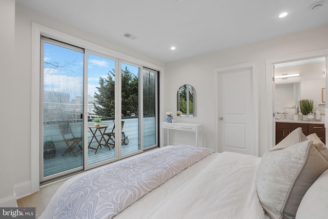 bedroom with connected bathroom, visible vents, access to exterior, and recessed lighting