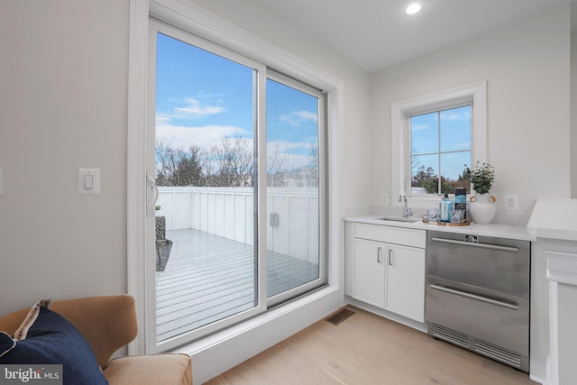 doorway to outside featuring a sink, visible vents, and light wood-style flooring