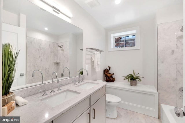 full bathroom with double vanity, visible vents, toilet, and a sink