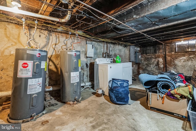 unfinished below grade area with washer / dryer and electric water heater