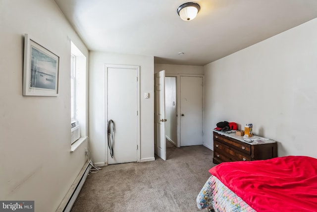 bedroom featuring baseboard heating, carpet, cooling unit, and baseboards