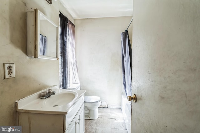 bathroom featuring toilet, a baseboard radiator, shower / tub combo with curtain, and vanity