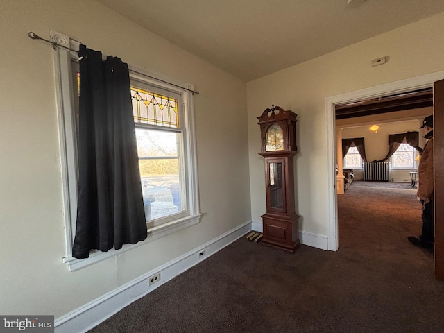 carpeted spare room with lofted ceiling, plenty of natural light, and baseboards