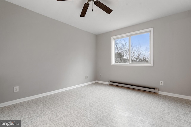 empty room featuring a ceiling fan, baseboards, and baseboard heating