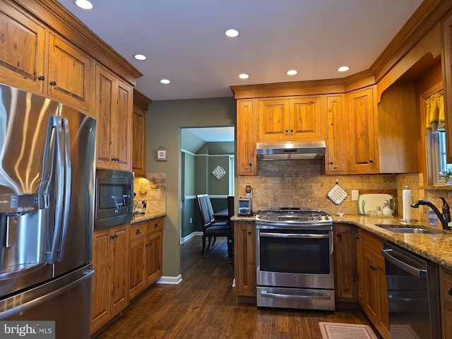 kitchen with light stone countertops, appliances with stainless steel finishes, a sink, and exhaust hood