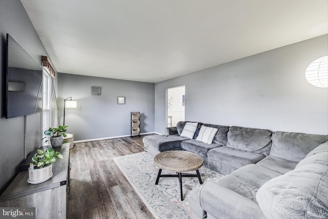 living room with wood finished floors and baseboards