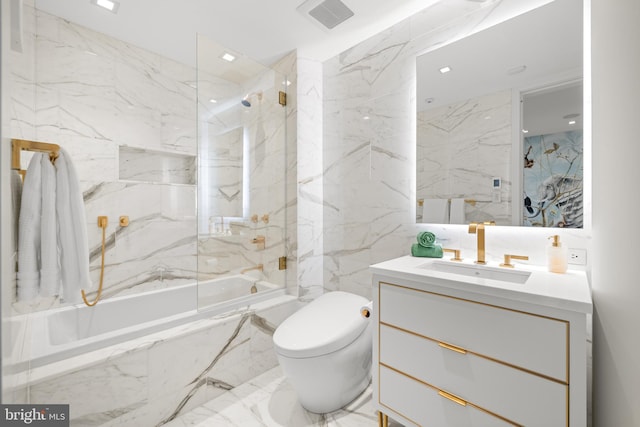 full bathroom with marble finish floor, visible vents, vanity, a combined bath / shower with marble appearance, and stone wall