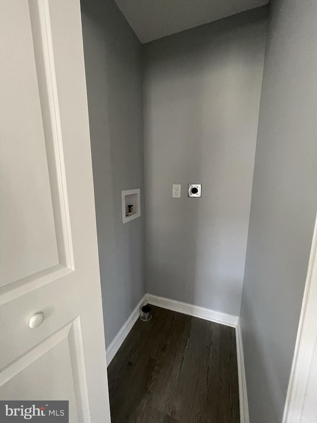 laundry room with washer hookup, dark wood-style flooring, hookup for an electric dryer, and baseboards