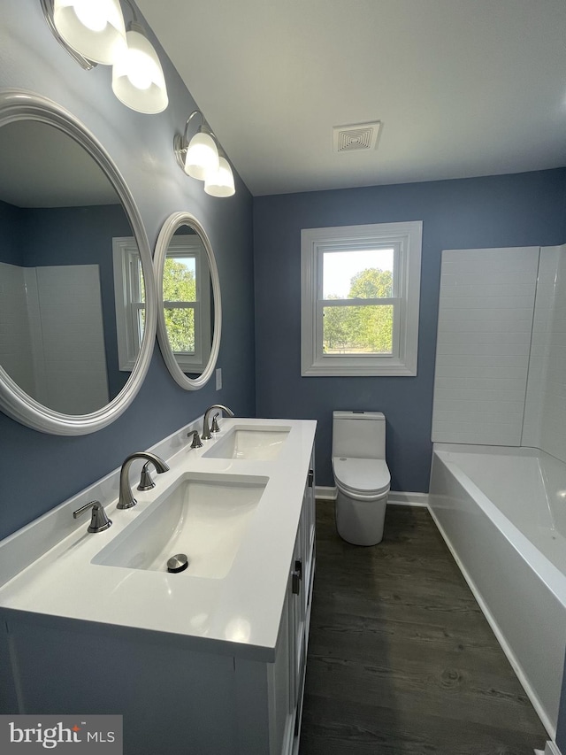 bathroom featuring a wealth of natural light, a sink, and wood finished floors