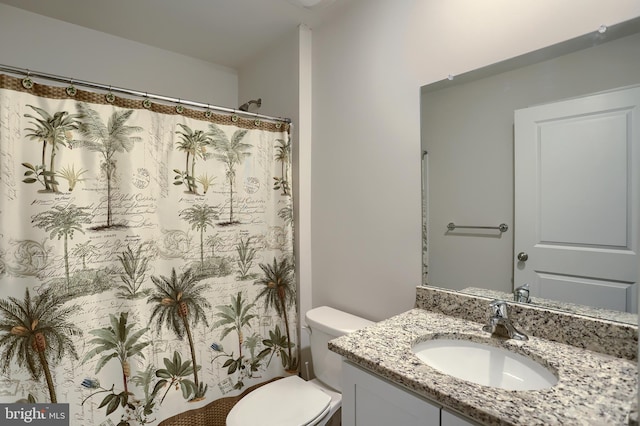 full bathroom with curtained shower, vanity, and toilet