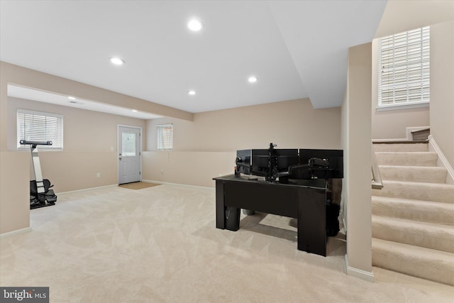 playroom featuring recessed lighting, baseboards, and carpet floors