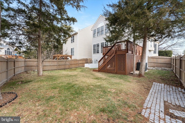 view of yard featuring stairway and a fenced backyard