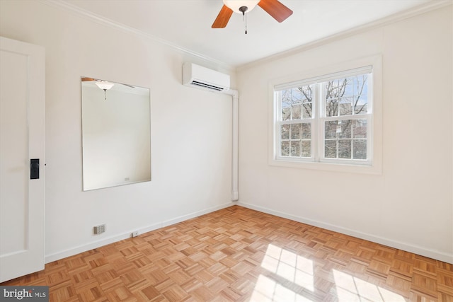 unfurnished room with a wall unit AC, baseboards, ornamental molding, and a ceiling fan