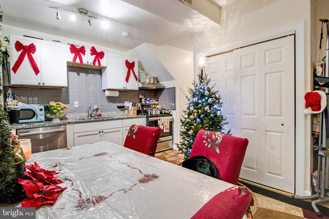 kitchen featuring white cabinetry, decorative backsplash, stainless steel appliances, and a sink