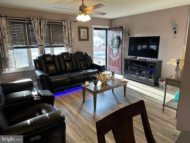 living room with ceiling fan and wood finished floors